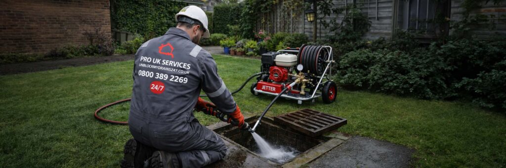 Technician using high-pressure jetting to clear a drain