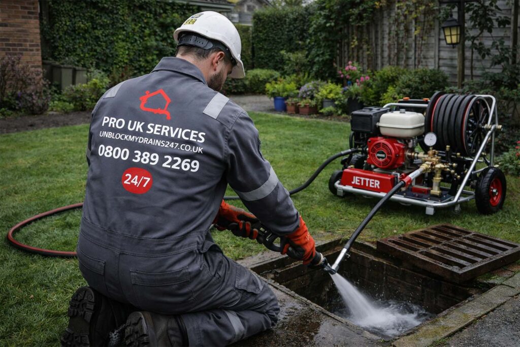 Technician using high-pressure jetting to clear a drain