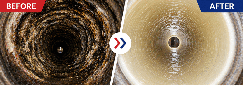 Before and after view of a drain showing resin lining repair – clean, smooth pipe interior after treatment.